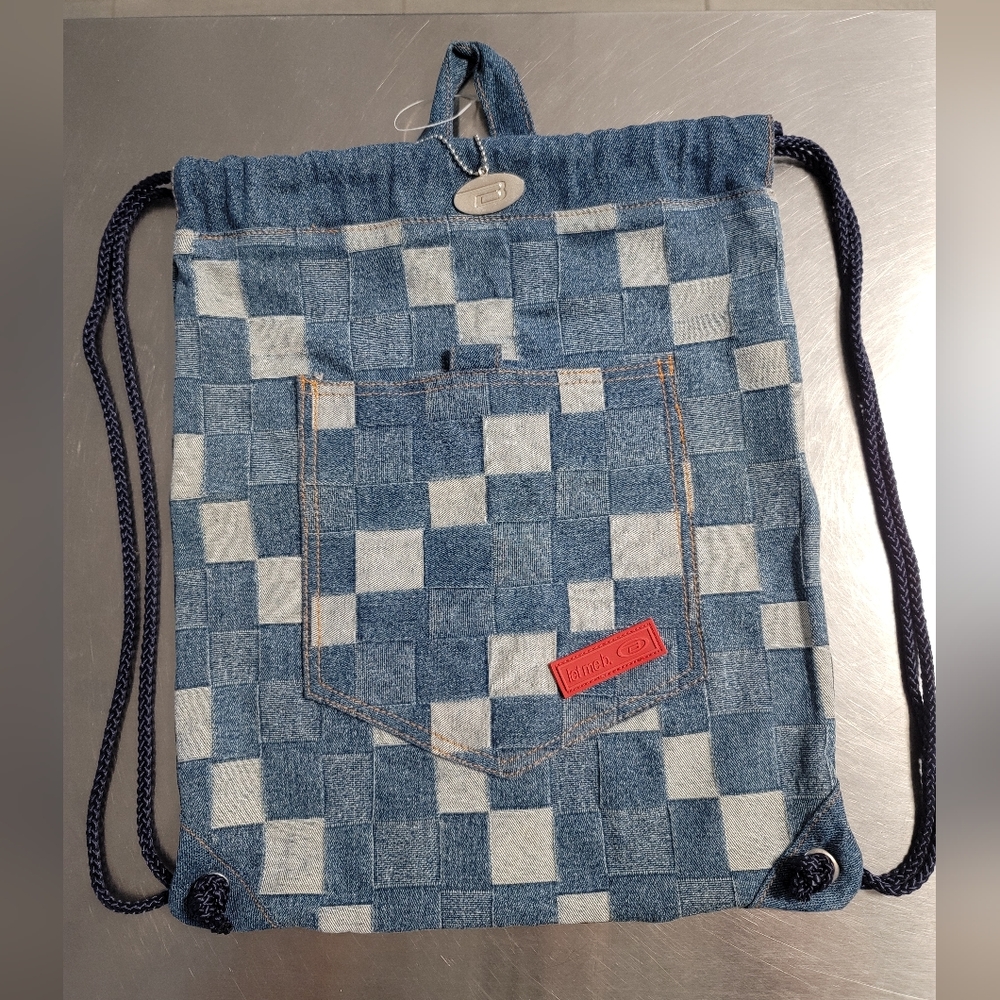 Bongo let me b. Denim patchwork Drawstring Bag Backpack PRE-OWNED Unique Y2k